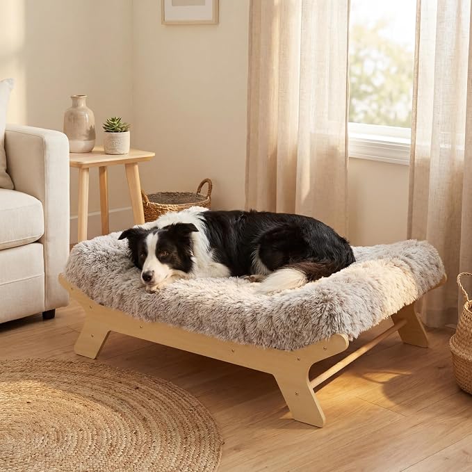Muihood Wood Elevated Dog Bed Frame and Egg Crate Foam Mattress, Luxurious Suitable for Pets Up to 80 lbs, NaturalWood Pattern, L