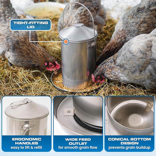 Plexon 6.6 Lb Hanging Chicken Feeder No Waste – Stainless Steel Poultry Feeder with Handle, Heavy Duty Metal Feeder for Chickens Ducks Turkeys, Backyard Coop