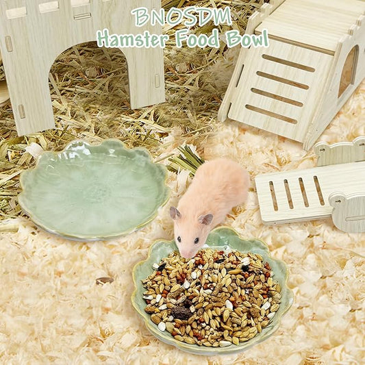 BNOSDM Shallow Ceramic Hamster Food Dish 2 Pcs Small Animals Food Bowl Sunflower Feeding Dishes for Gerbils Mice Rats 4.5in (Green)