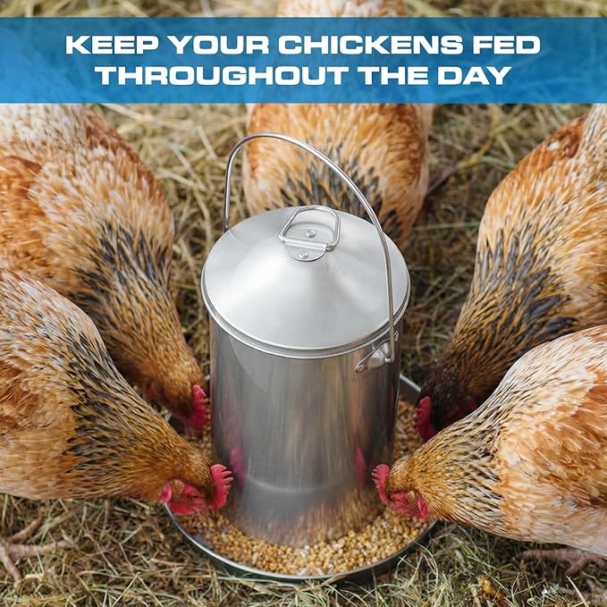 Plexon 6.6 Lb Hanging Chicken Feeder No Waste – Stainless Steel Poultry Feeder with Handle, Heavy Duty Metal Feeder for Chickens Ducks Turkeys, Backyard Coop