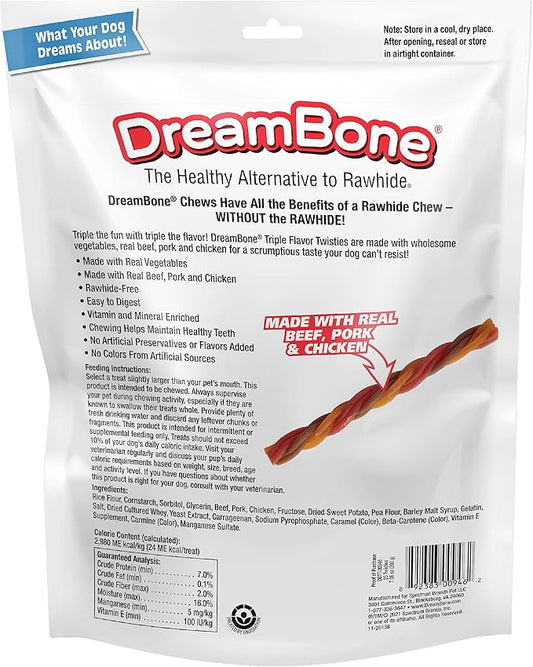 DreamBone Triple Flavor Twisties Chews for Dogs, Treat Your Dog to Easy-to-Digest Rawhide-Free Chews Made with Real Beef, Pork & Chicken, 25 Count