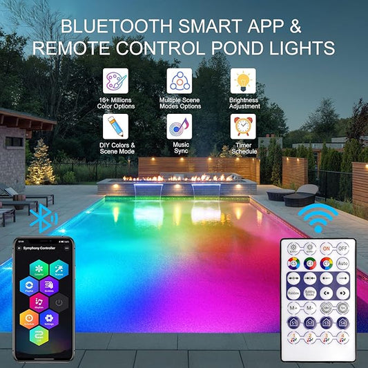 RGB Underwater Pond Lights, Super Bright 18 LED Submersible Fountain Lights Color Changing Spotlights, Bluetooth APP Control IP68 Waterproof for Fish Aquarium Tank Garden Yard Pool(Set of 2)
