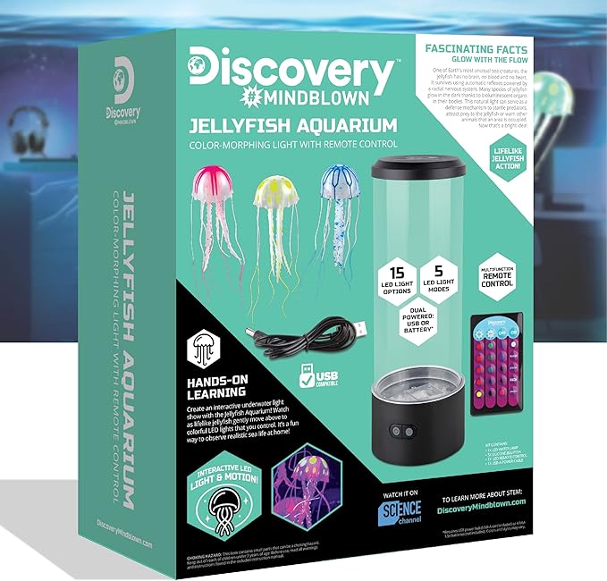 Discovery™ Jellyfish Aquarium Lamp – Color‑Morphing LED Bedroom Night Light with Remote| 15 Light Options| Lifelike Floating Jellyfish| Educational Learning Gift| Ages 8+