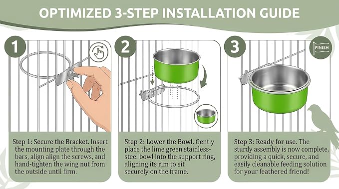 Bird Cage Bowls for Parakeets (2 Pack) - Stainless Steel Food & Water Feeder Cups with Clamp Holder, Hanging Feeder for Budgies, Canary, Conures, Lovebirds, Squirrel & Small Animals