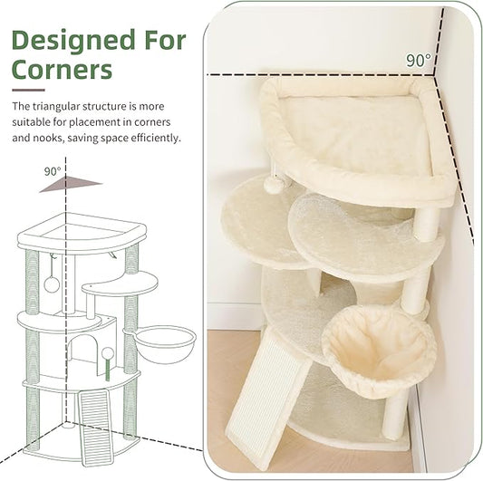 Gitelsnour Corner Cat Tree for Indoor Cats, Cat Tower with All Sisal Scratching Posts, Multi-Level Cat Condo wth Cat Cave, Large Top Perch, Hanging Basket, Sisal Scratching Ramp, Beige GCT025M