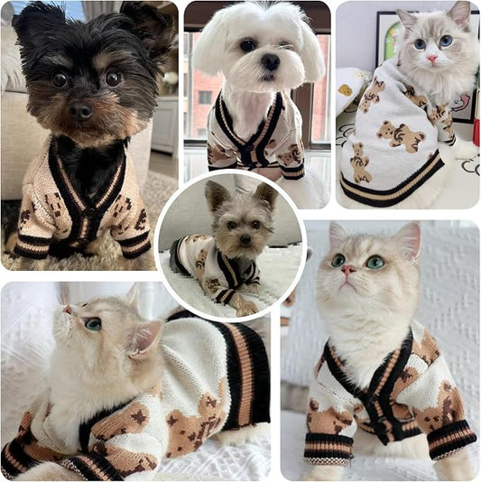 ABRRLO Small Dog Sweaters Cute Bear Dog Cardigans Clothes for Small Medium Dogs Boy Girl Puppy Cat Knitting Cardigan Outfits Dogs Autumn Coats Warm Pet Doggy Clothes Soft Knitwear Apparel (Beige,M)