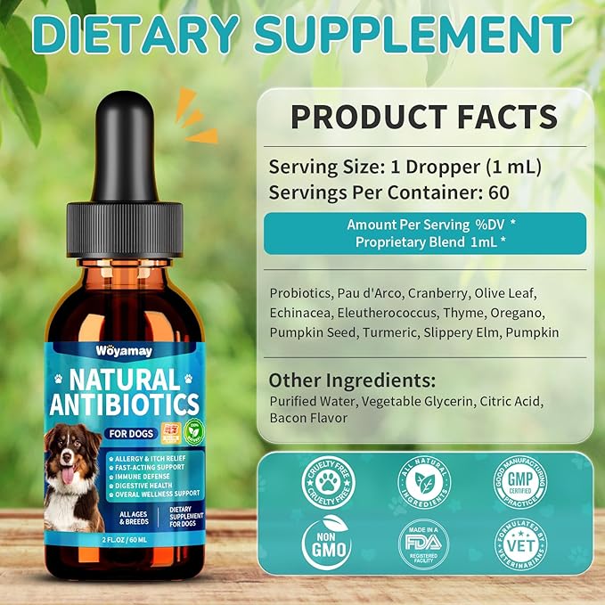 Woyamay Antibiotics for Dogs | Natural Dog Antibiotics for Allergy Relief, Itch Relief, Coughs, Skin Health, Breath Treatment, Digestion | Herbal Supplement to Care for Ears, Eyes & Coat, 2 Fl Oz