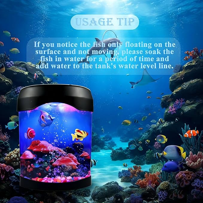 Toycol Fake Fish Lamp, Nightly Lifelike Desk Electric Mood Light, LED Light Tank with 6 Color Changing and 5 Fake Fish Mini Aquarium for Home Office Deco Adults, Gifts for Kids and Adults