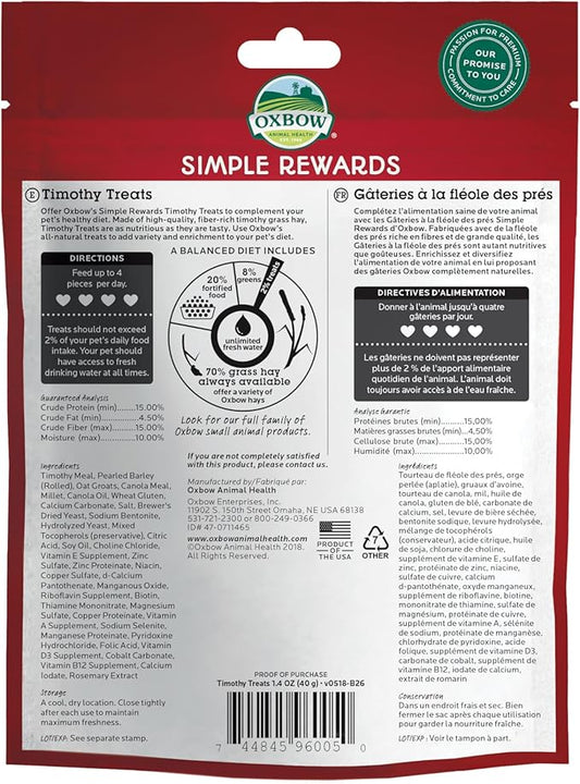Oxbow Simple Rewards Timothy Hay Small Animal Treats, Healthy Guinea Pig, Rabbit, Chinchilla, and Hamster Snacks Made with High-Fiber Timothy Hay, Natural, Low Calcium Pet Treats, 1.4 oz Bag