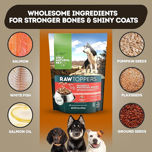 Only Natural Pet Raw Toppers Salmon & Whitefish - Protein Packed, Great Tasting Freeze Dried Raw Food Topper for Dogs - 5.5 OZ Bag 2 Pack (S)