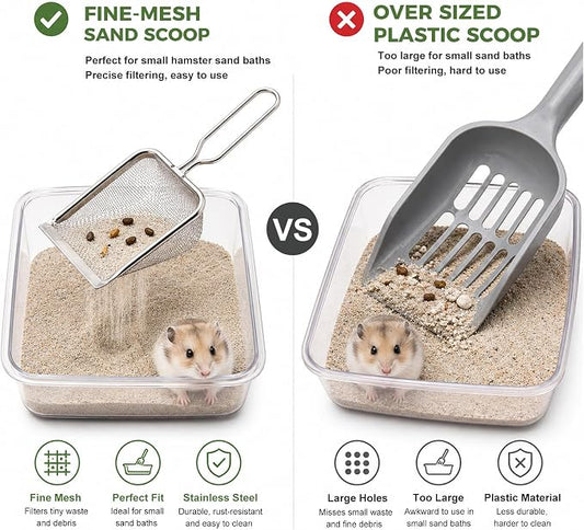 Stainless Steel Hamster Sand Scoop Set, 1mm Fine Mesh & Standard Scoop Combo, Small Pet Sand Bath Cleaner for Hamsters, Gerbils, Mice, Reptiles, Easy Sifting for Fine Sand