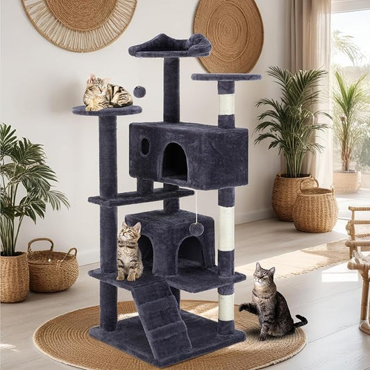 DUMOS 54 Inch Indoor Cat Tree Tower with Scratching Posts, Multi-Level Pet House for Large Cats with 2 Condos, Round Platform, Small Ladder, and Toys – Perfect for Cats of All Ages, Dark Grey