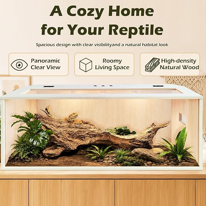 PROLEE Bearded Dragon Tank,Wooden Reptile Tank and Lizard Tank,Tempered Glass Large Bearded Dragon Enclosure with Built-in Lamp Fixture (48X20X20inch,80 Gallons)