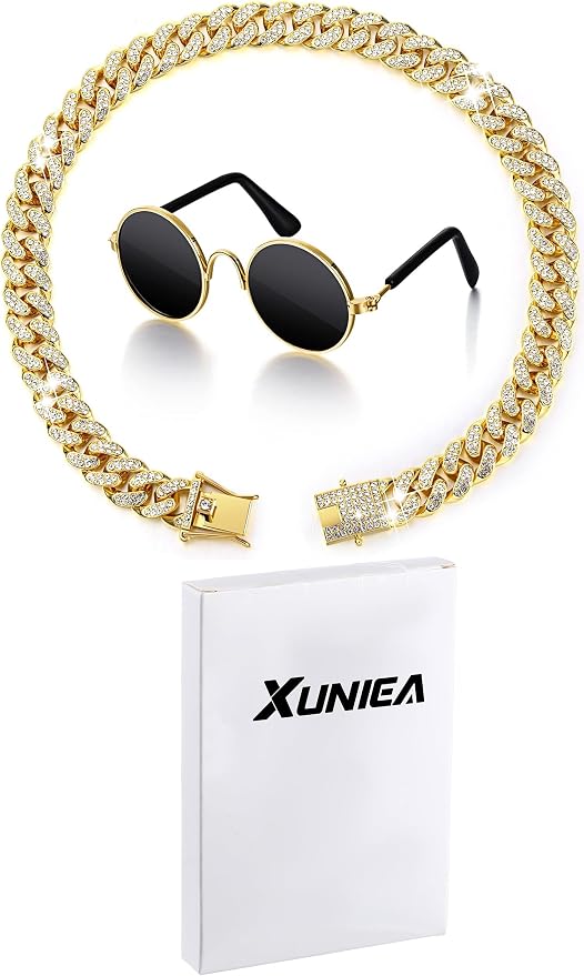 Xuniea 2 Pieces Cat Dog Chain Collar and Sunglasses Set Rhinestone Necklace with Secure Buckle Round Glasses for Doll Cat Dog Pet Accessories(16 Inch,Gold, Black)