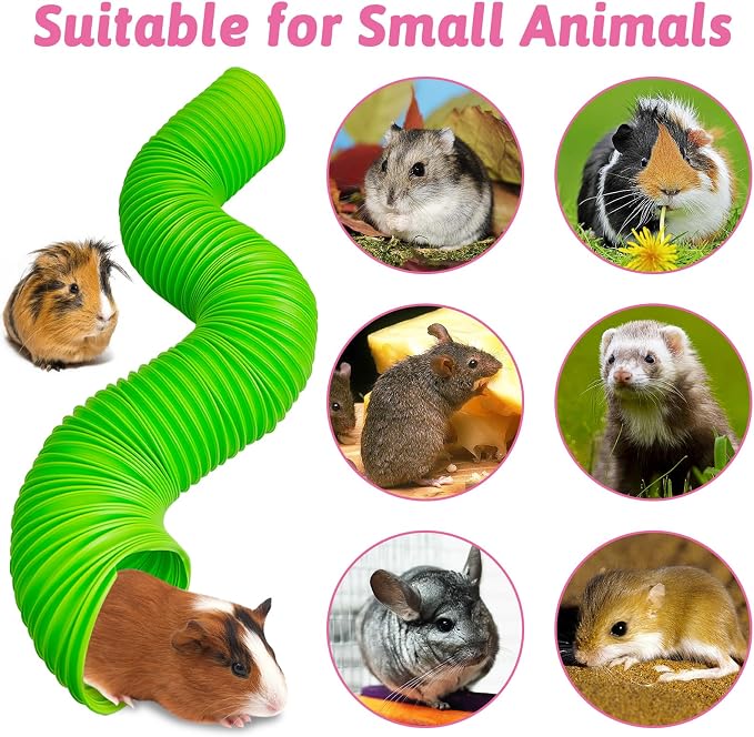 Hamiledyi 2 Pack Hamster Fun Tunnels, Guinea Pigs Plastic Tube, Hamsters Foldable Exercising Training Hideout Tunnel & 2 Pack Grass Balls, Small Animals Toys for Chinchillas Gerbils Ferrets(Green)
