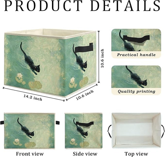 Black Cat Swimming in Pond Storage Bin Box, Cat Lover Mom Lady Grandma Gifts Collapsible Storage Basket Organizer for Bedroom Bathroom Home Clothes Toys Books, Toybox for Girls