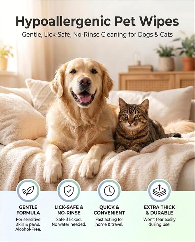 24 pcs Pet Glove Wipes, Dual Sided Hypoallergenic No-Rinse Grooming Mitts with Natural Extracts for Dogs, Cats, Rabbits & Horses