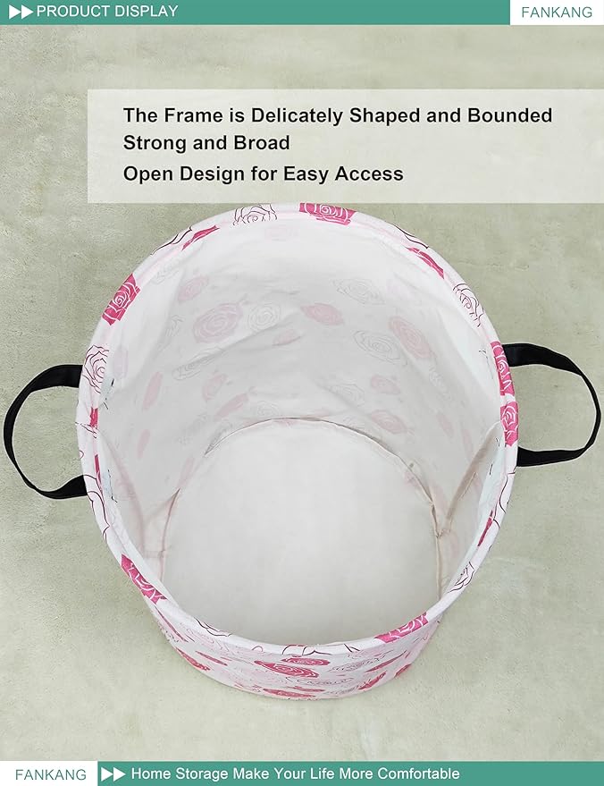 Storage Basket, Nursery Hamper Canvas Laundry Basket Foldable with Waterproof PE Coating Large Storage Baskets for Kids Boys and Girls, Office, Bedroom, Clothes,Toys(Pink roses)