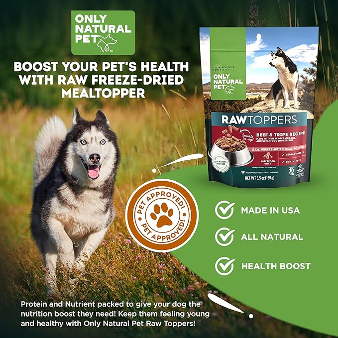 Only Natural Pet Raw Toppers Freeze Dried Beef and Tripe Recipe - Protein Packed, Great Tasting Freeze Dried Raw Food Topper for Dogs - 5.5 OZ Bag 2 Pack (B)