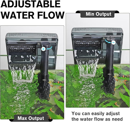 hygger Aquarium HOB Filter 105 GPH for 10-20 Gallon Fish Tank Power Filter with Adjustable Water Flow Extendable Intake Tube External Hang-On Back