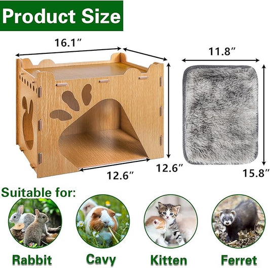 Yesland Rabbit Hideout Castle, Large Wooden Bunny Houses and Hideouts with Pet Pad, Detachable Small Animal Play Hideaway Hut and Playhouse for Indoor Bunnies Guinea Pig Hamster Chinchilla Gerbi