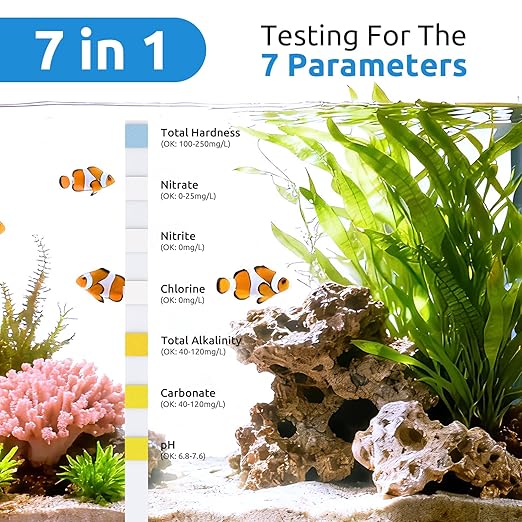 SEAOURA 7-in-1 Aquarium Water Test Strips (65 Strips), Accurate pH, Nitrate, Nitrite, Chlorine, Hardness,Alkalinity,Carbonate Testing for Freshwater & Saltwater Fish Tank, Pond, Betta, Turtle Tank