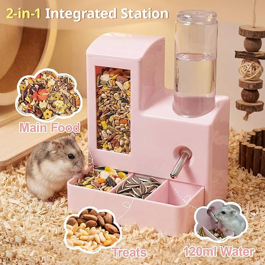 2 in 1 Hamster Water Bottle, No Drip 120ml Hamster Water Bottle, Gravity Hamster Food Bowl with Snack Bowl, Hamster Cage Accessories for Cage for Guinea Pigs
