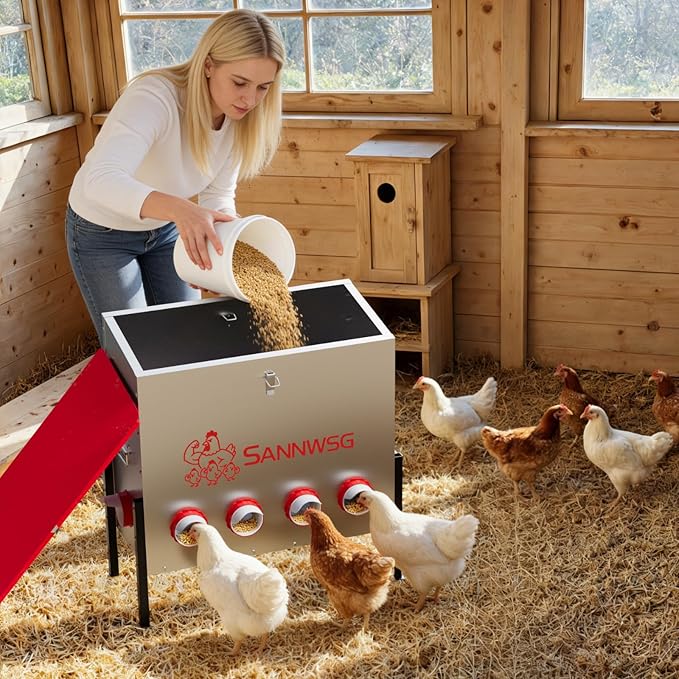 Chicken Feeders,126 lb Capacity 10 Port Automatic Chicken Feeder, Metal Chick Feeder with Locking Lid and Legs, Chicken Feeder for Chickens, Ducks, Geese