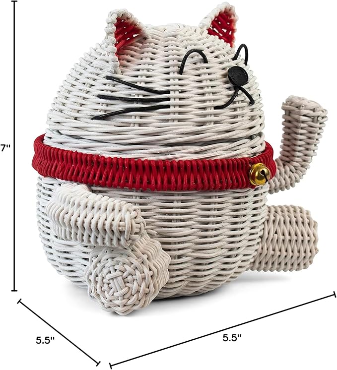 G6 Collection Lucky Cat Rattan Storage Basket With Lid Decorative Bin Home Decor Hand Woven Shelf Organizer Cute Handmade Handcrafted Nursery Gift Animal Art Decoration Artwork Lucky Cat