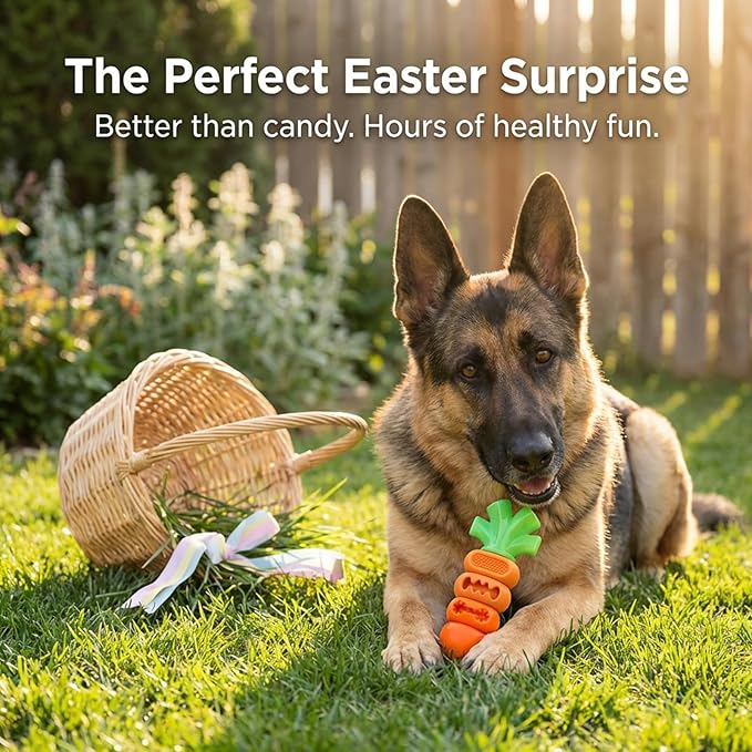 Frienhund Tough Dog Toys for Aggressive Chewers Medium to Large Breed, Indestructible 7" Nylon & Rubber Carrot, Bacon Flavored Dental Chew Toy for Boredom, Easter Basket Stuffers for Dogs (20-70 lbs)