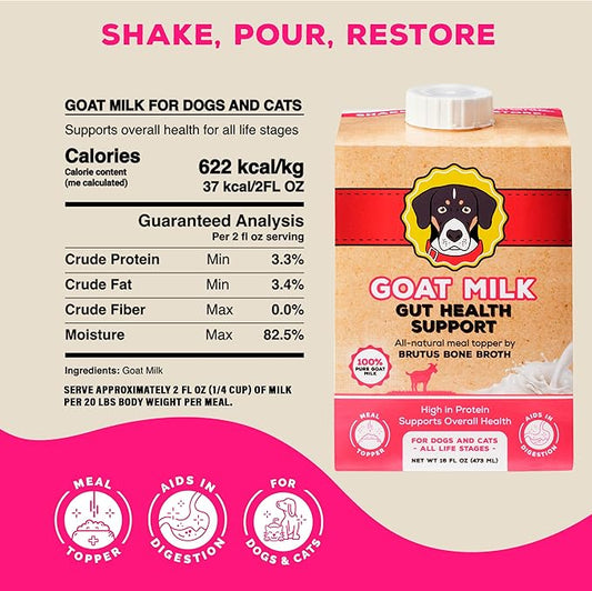 Goat Milk by Brutus Broth Meal Topper for Dogs and Cats – Formulated for Digestive Support & Moisture, Low-Lactose, Contains Natural Nutrients and Enzymes (Pack of 6)