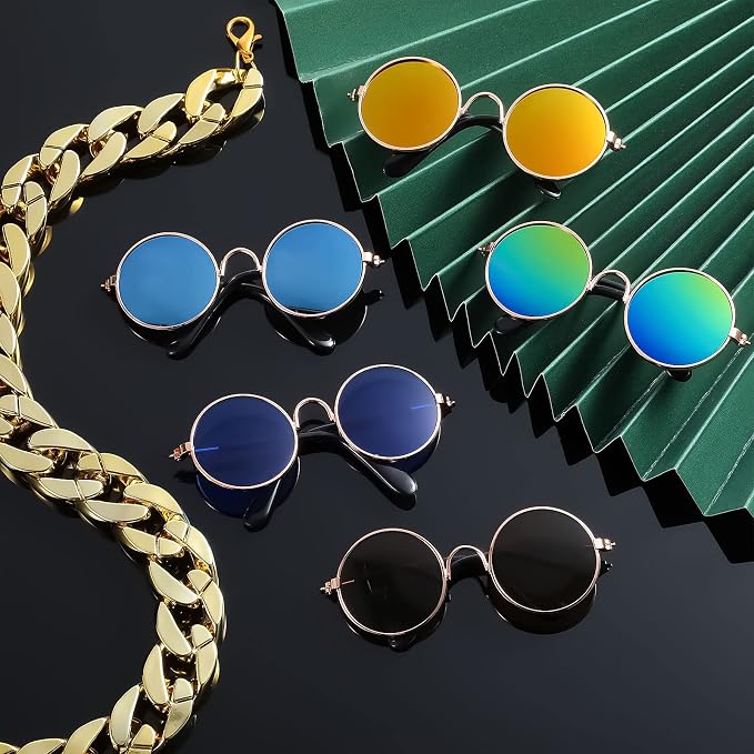 Weewooday 7 Pcs Dog Sunglasses Cats Sunglasses with 2 Gold Chain Retro Round Metal Glasses Funny Cute Cosplay Costume for Small Pet(Fresh Colors,Delicate Style)