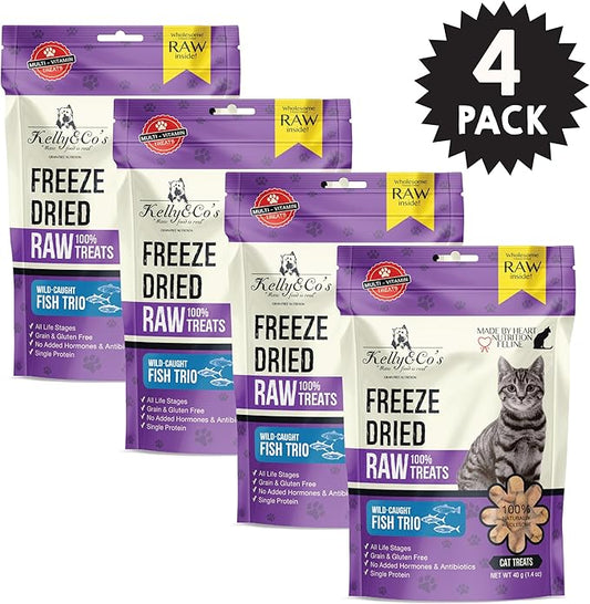 KELLY & CO'S Freeze Dried Cat Treats Made from a Single Ingredient. Grain Free, high Protein Healthy cat Treats (1.4 oz x 4 Packs) Minimally Processed Indulgent Treat (Fish Trio)