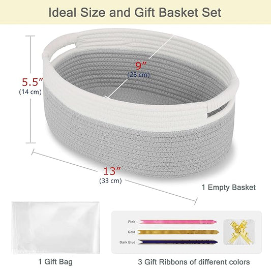 Small Woven Basket with Gift Bags and Ribbons, Empty Baby Gift Baskets for Kids Women Men, Shelf Storage, Small Cat Dog Pet Toy Boxes, 13”x 9”x 5.5”, Cool Gray