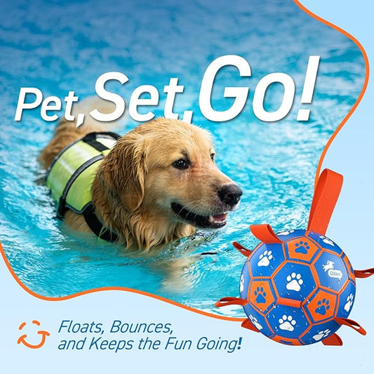 QDAN Dog Ropes Toys Soccer Ball with Straps, Puppy Birthday Gifts, Tug Toy, Durable Dog Balls for Medium & Large Dogs- Blue Orange(8 Inch)