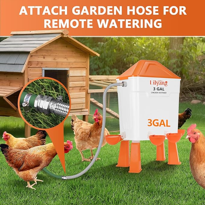 Lilyang Automatic Chicken Waterer & Feeder 3 Gallon, Auto-Refill Chicken Waterer with Float Valve, Anti-Spill Feeder & Leak-Proof Cups, End Daily Refilling & Mess, Standing or Hanging Use