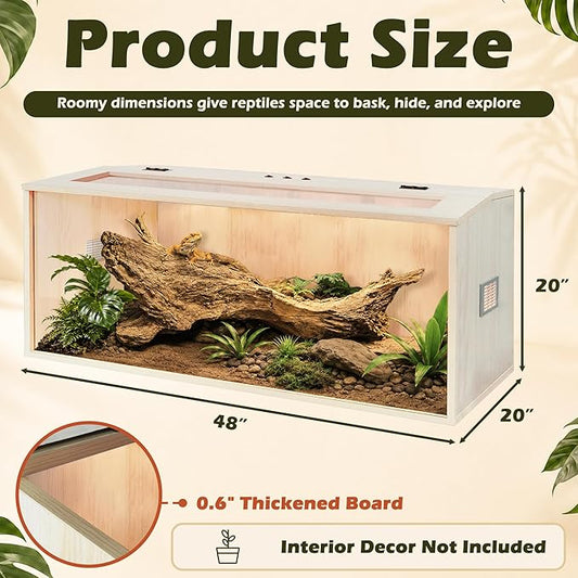 PROLEE Bearded Dragon Tank,Wooden Reptile Tank and Lizard Tank,Tempered Glass Large Bearded Dragon Enclosure with Built-in Lamp Fixture (48X20X20inch,80 Gallons)