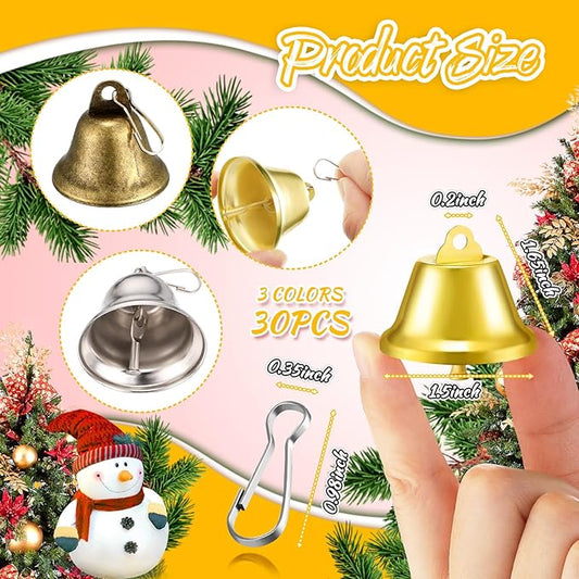 30 Pieces Craft Small Brass Bells for Crafts Mini Vintage Bells with Spring Hooks Tiny for Hanging Wind Chimes Making Dog Training Doorbell Wedding Decor, 1.65 x 1.5 Inch (Bronze, Silver, Gold)