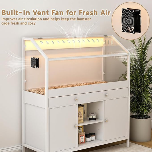 Hamster Cage with Storage Cabinet,43.3" Small Animal Cage with LED Lights and Fan, Easy View Acrylic Panel, Large Habitat for Guinea Pig, Hedgehog,Rat 43.3"x 15.7"x 43.3"