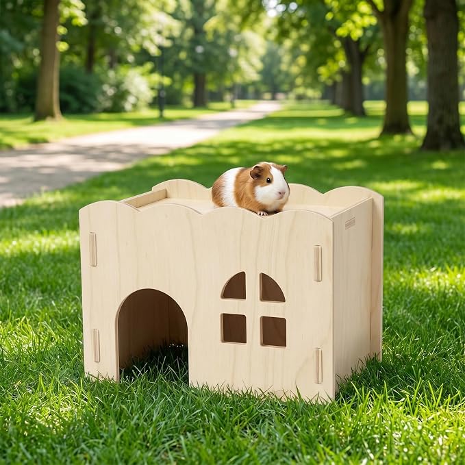 Wood Guinea Pig Hideout, Wooden Guinea Pig House Chew-Safe Hamster Hideout Hamster Explorer for Gerbils Hamsters Small Pets