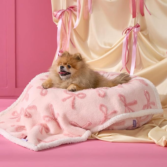 LE SURE Waterproof Puppy Blanket for Small Dogs - Washable Double Sided Dog Blankets with Warm Jacquard Shag and Soft Sherpa Fleece, Pet Cat Blanket for Couch Protection, Bow Design,Pink Taffy