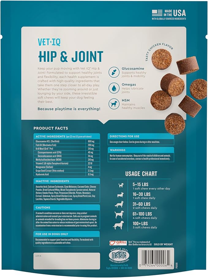 VetIQ Glucosamine Hip & Joint Supplement for Dogs, 90 Soft Chews, Joint Support Supplement with MSM and Krill, Dog Health Supplies Large & Small Breed, Chicken Flavored Chewables