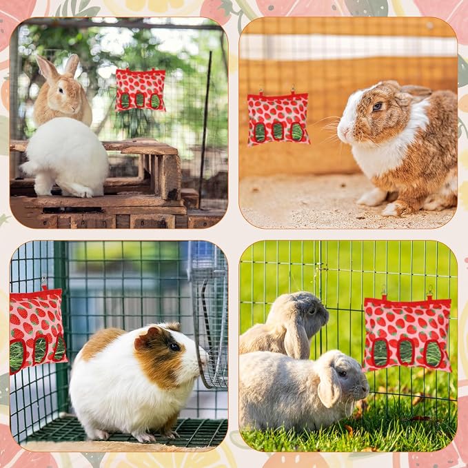 Rabbit Hay Feeder, 3 Hole Hanging Hay Bag for Rabbits Guinea Pig Bunny Chinchillas Washable Rabbit Hay Holder 13x10.8inch