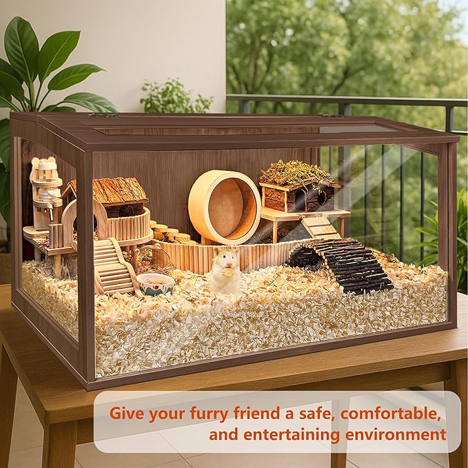 PROLEE Hamster Cage with Chewproof Wood Top, Guinea Pig Cages, Hamster Habitat with Clear Acrylic Sheets Solid Built, Small Animal Cage (Walnut, 40X19.5X19.5 inch)