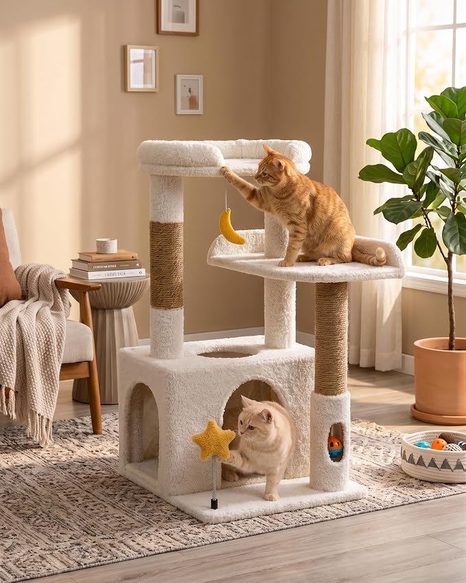 32In Cute Cat Tower for Indoor Cats with Cat Condo, Plush Platform, Hammock, Sisal Scratching Posts, Dangling Ball, Tall Cat Tree Tower with Self-Grooming Brush (Beige)