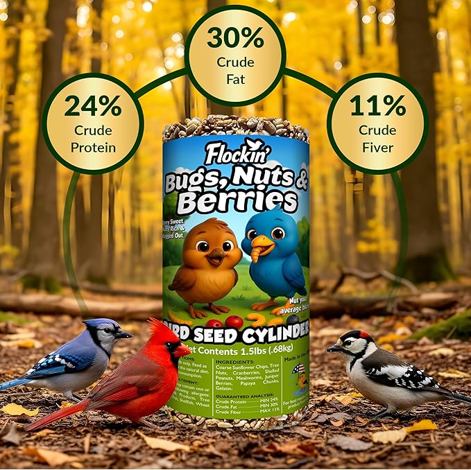 Bugs, Nuts & Berries Bird Seed Cylinders with Hole β Wild Bird Food for Blue Birds, Woodpeckers, Cardinals & More β Premium Protein-Rich Blend, No Fillers β USA Made (4" x 7.75") 2 Pack