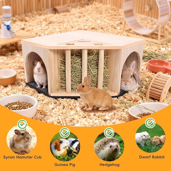 Kalolary Wooden Guinea Pig Corner Hideout with Pee Pad, Small Animal Hideout with Hay Feeder Dual Entrances Hamster Hideout for Bunny Chinchilla Mice Dwarf Gerbils Mouse Hedgehog Playing Hiding
