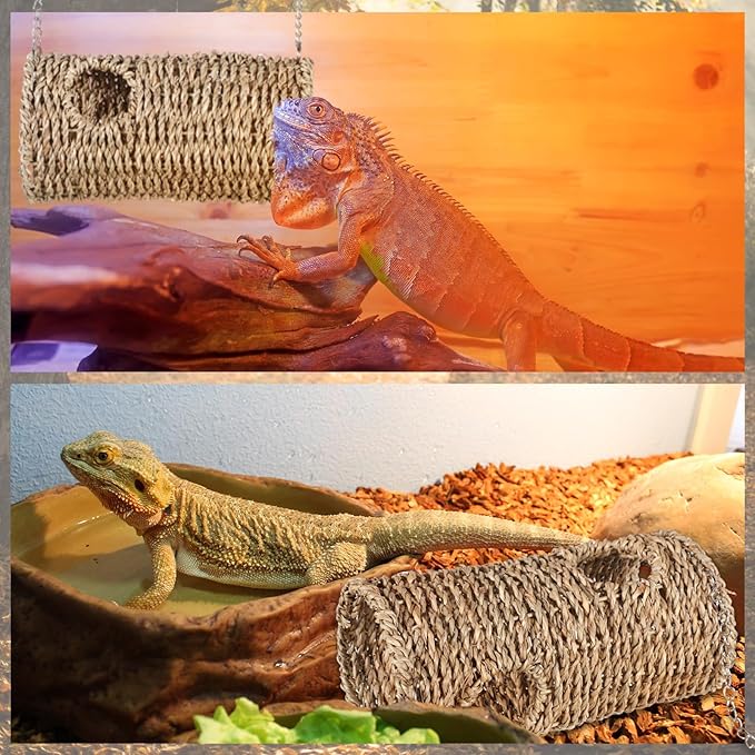 CroBlissful Reptile Hide Cave Hollow Cave Hideout with 2 Pcs Suction Cup and Chain Gecko Hide Reptile Tank Decor Seagrass Fiber Climbing Toy for Lizard Snake Hermit Crab(Long Cylindrical,Pale Yellow)
