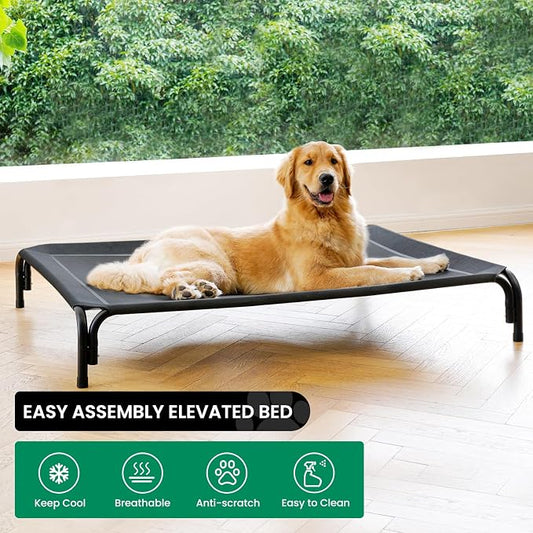 Elevated Dog Bed Raised Outdoor Dog Cot for Extra Large Dogs, Installation Requires No Tools, Frame with Washable Cooling Breathable Mesh Anti-Slip Feet, Indoor Pet Bed, Black, 53.9 Inches