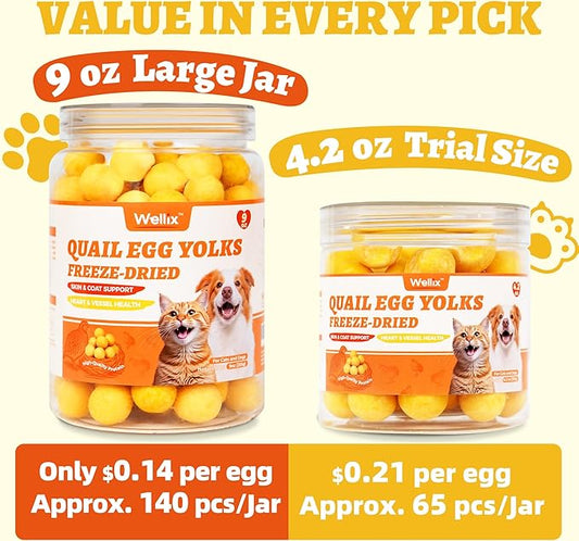 Wellix Freeze-Dried Treats for Dogs and Cats - High-Protein Quail Egg Yolk Freeze Dried Cat Treats for Skin&Coat Health - Delicious Training Snacks for Pets 9oz